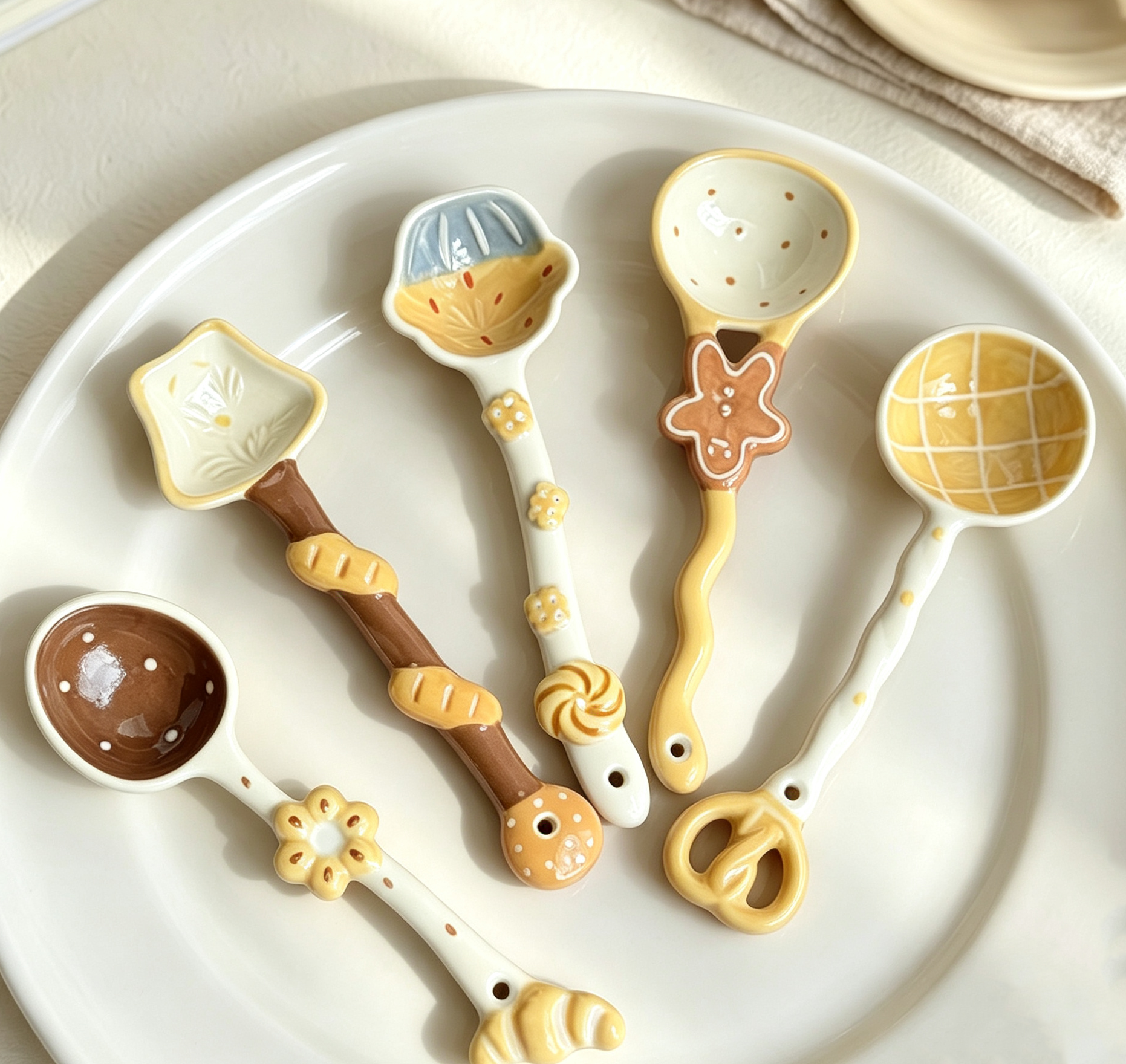 Kawaii Bread Spoon Set, Cute Ceramic Soup Spoon, 3D Embossed Dessert Coffee Spoon, Creative Shaped Teaspoons for Home Kitchen, 5 Pack Product Specifications