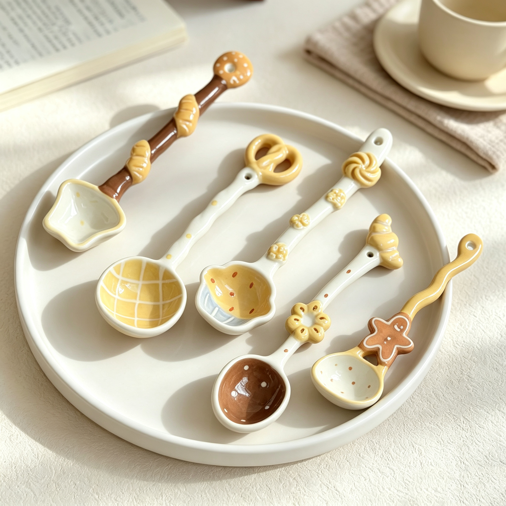 Kawaii Bread Spoon Set, Cute Ceramic Soup Spoon, 3D Embossed Dessert Coffee Spoon, Creative Shaped Teaspoons for Home Kitchen, 5 Pack Product Specifications