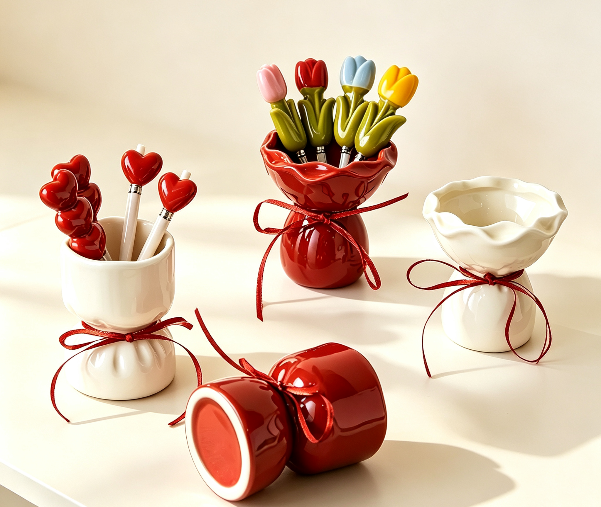 Dopamine Tulip Fruit Fork Set with Ceramic Bouquet Storage Jar, Household Stainless Steel Dessert Picks, Two-Color Table Decor Set