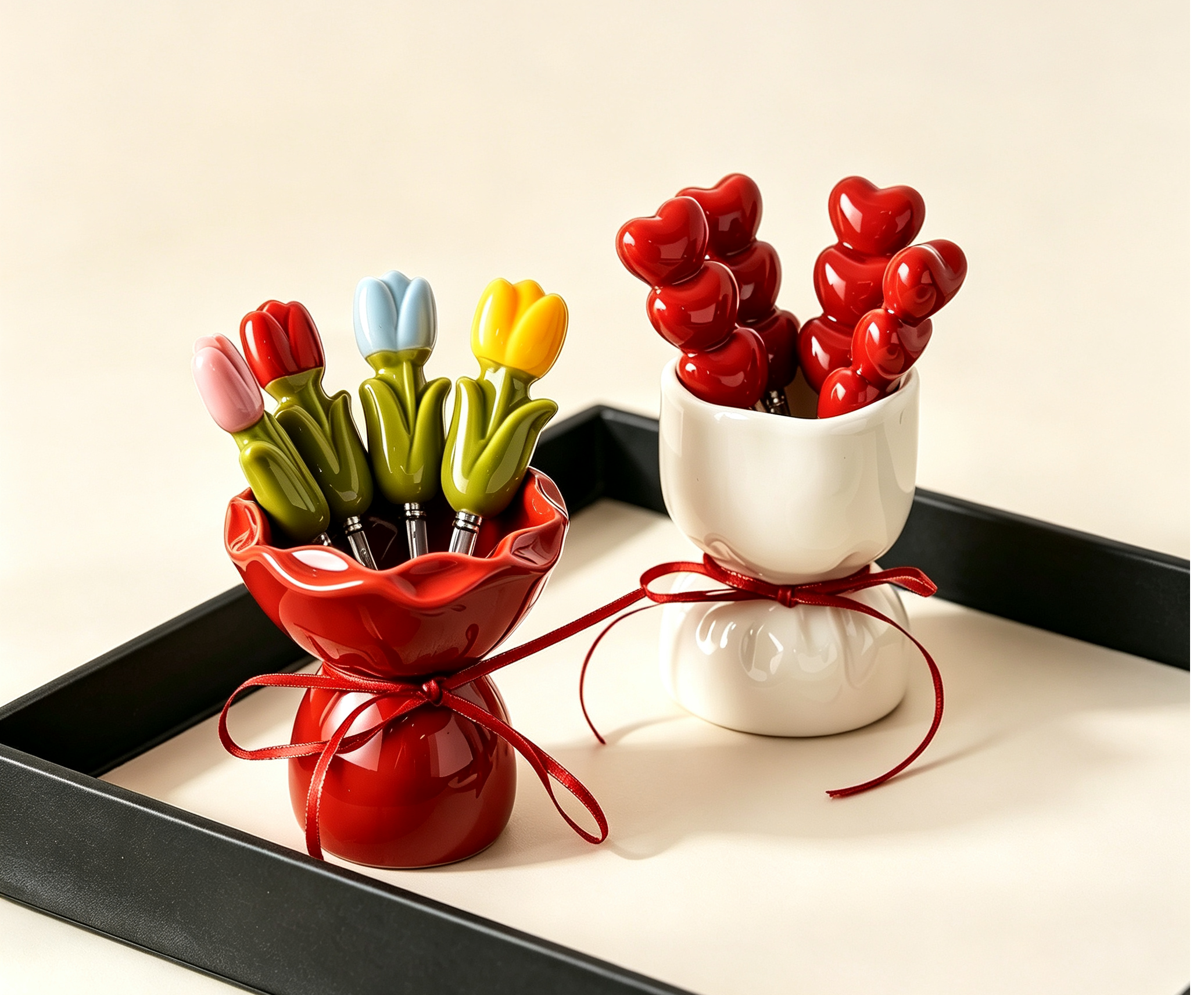 Dopamine Tulip Fruit Fork Set with Ceramic Bouquet Storage Jar, Household Stainless Steel Dessert Picks, Two-Color Table Decor Set